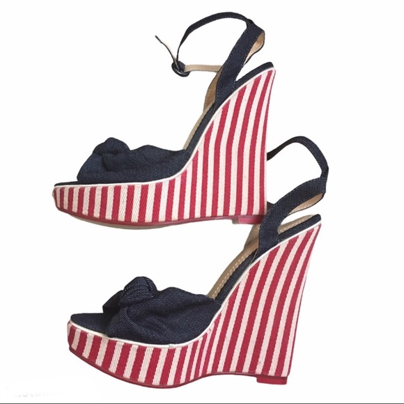 Denim Stripped Heels Peep Toe Sz.8 - Picture 4 of 7